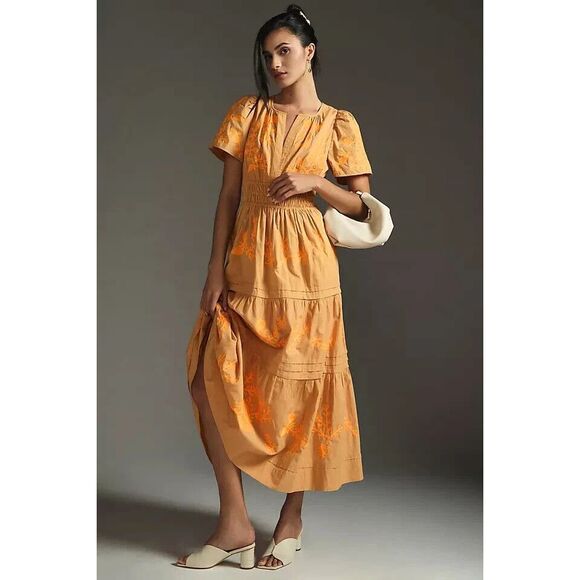 Anthropologie Somerset Embroidered Maxi Dress Tiered Orange 2X NEW - Picture 4 of 5